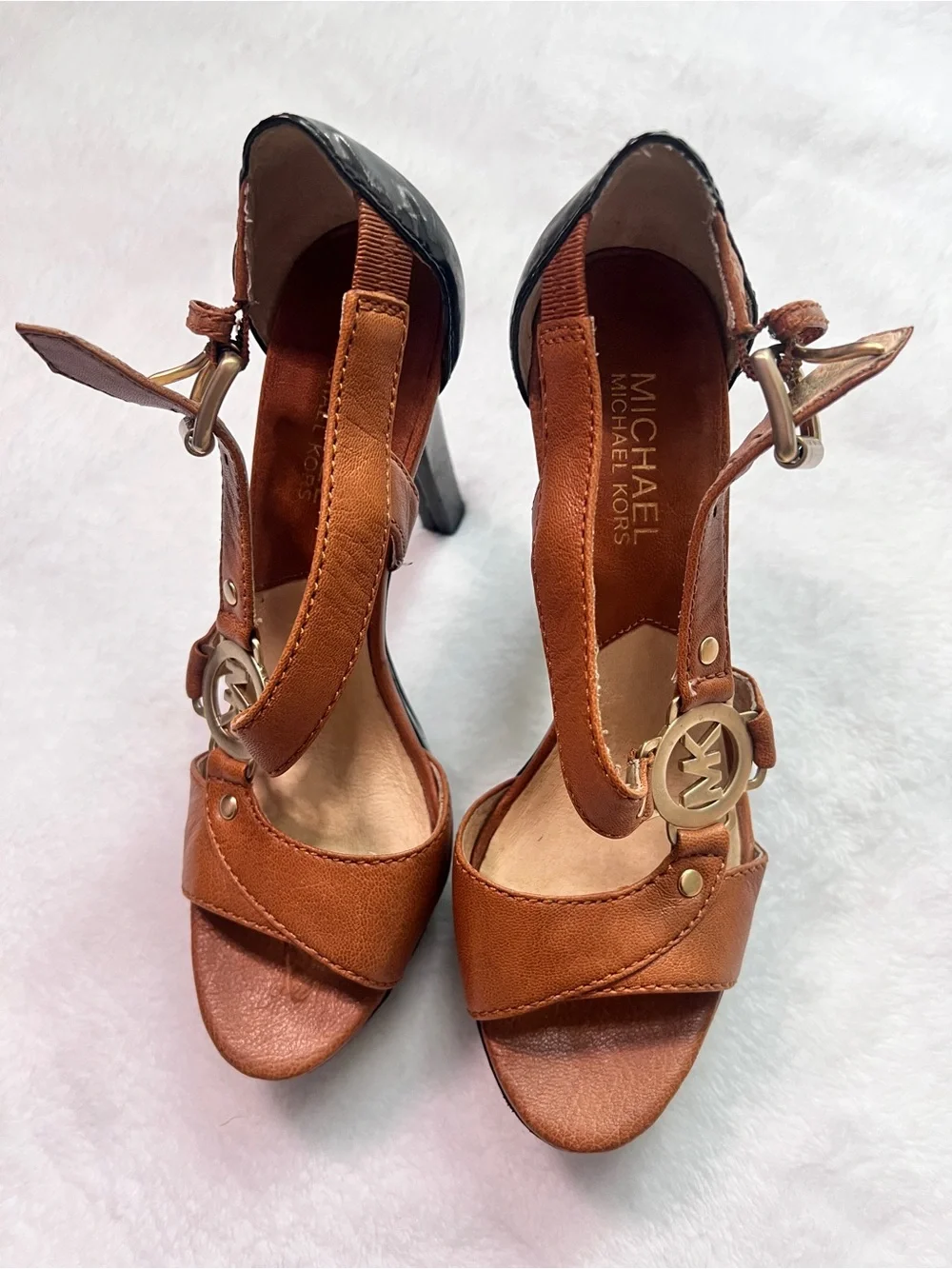 Michael Kors Tan Leather T-Strap Logo Heels